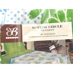 60's NEW NWT Vintage Sewing Circle Blanket‎ BIBB Acrylic Floral Green Blue White